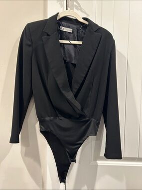 Zara Black Draped Blazer Bodysuit with Lapel